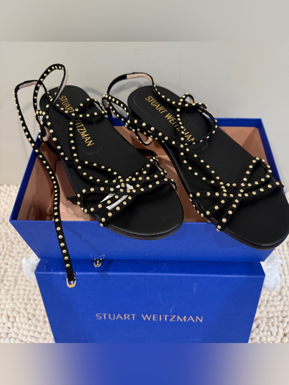 Stuart Weitzman Leya Bead Flat Sandals – Black/Gold – Size 9 (39.5)